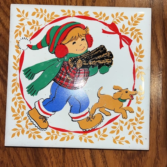 Jasco Christmas Ceramic tile trivets girl baking boy carrying wood - Picture 4 of 7